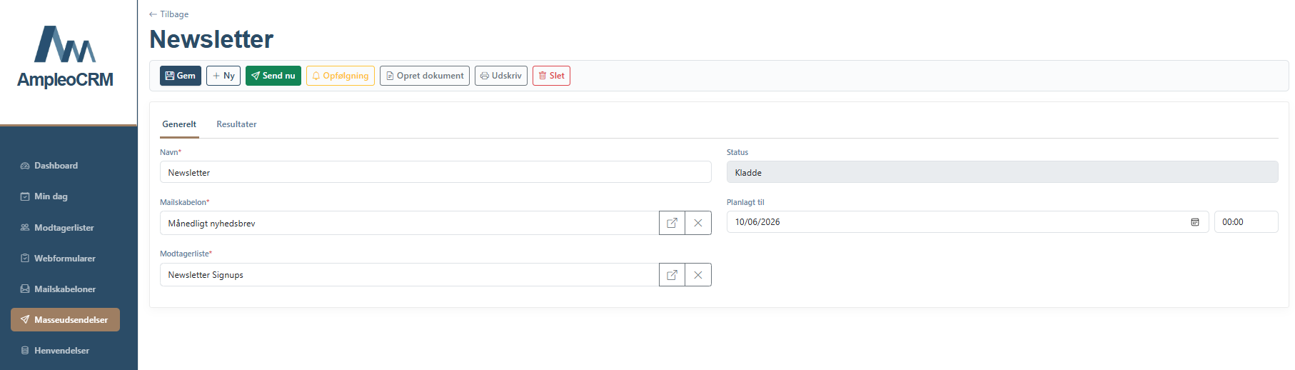 Bulk email with target groups and open/click tracking.