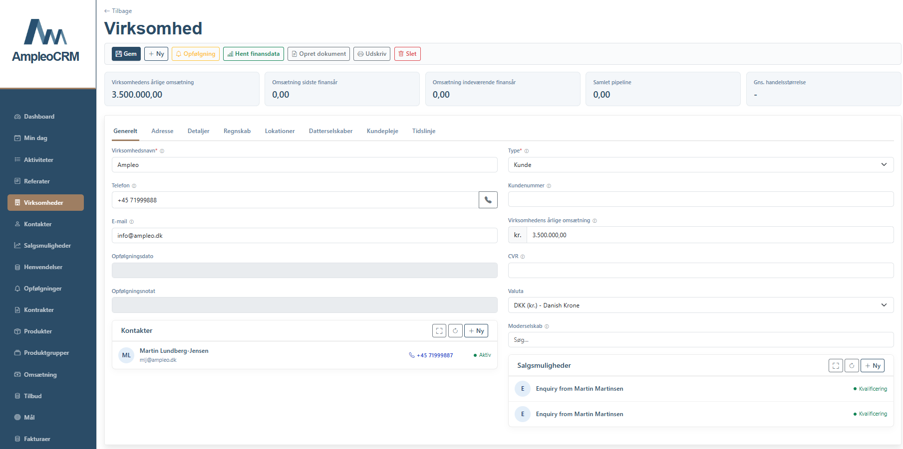 Company record with master data, contacts and relations in one place.